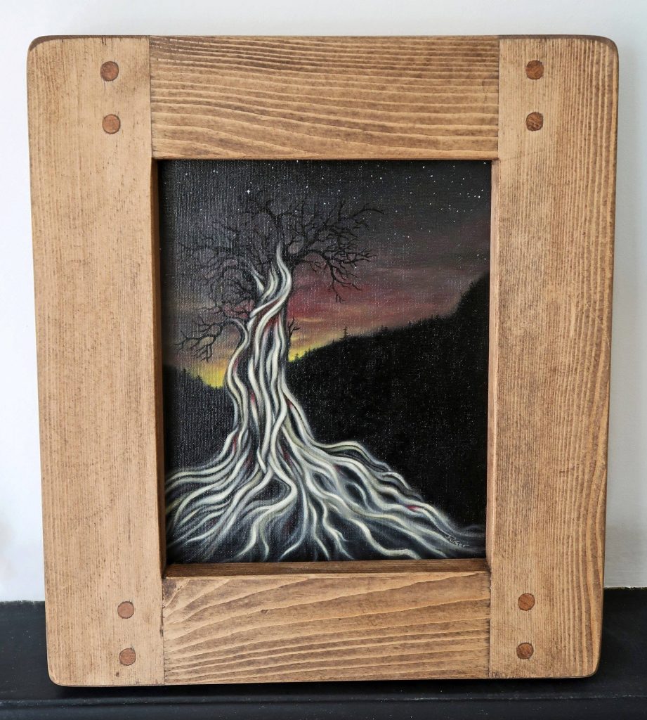 Our wooden art frame, handmade by Marc wood Joinery in Somerset UK from eco reclaimed wood has been used to add drama to an original artwork by Jess Purser