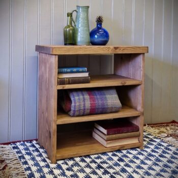 Low wooden bookcase, modern rustic shelves, farmhouse cottage home interior, custom handmade in Somerset UK