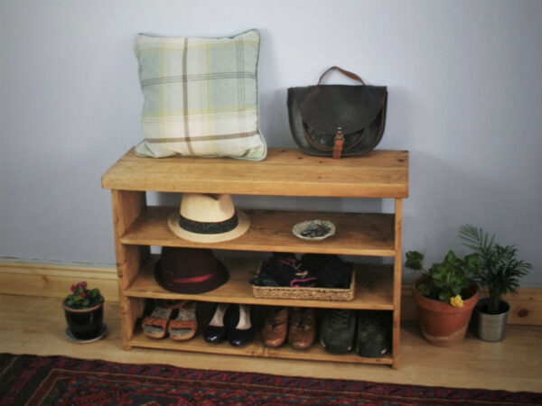 Wooden shoe rack bench seat, front view.