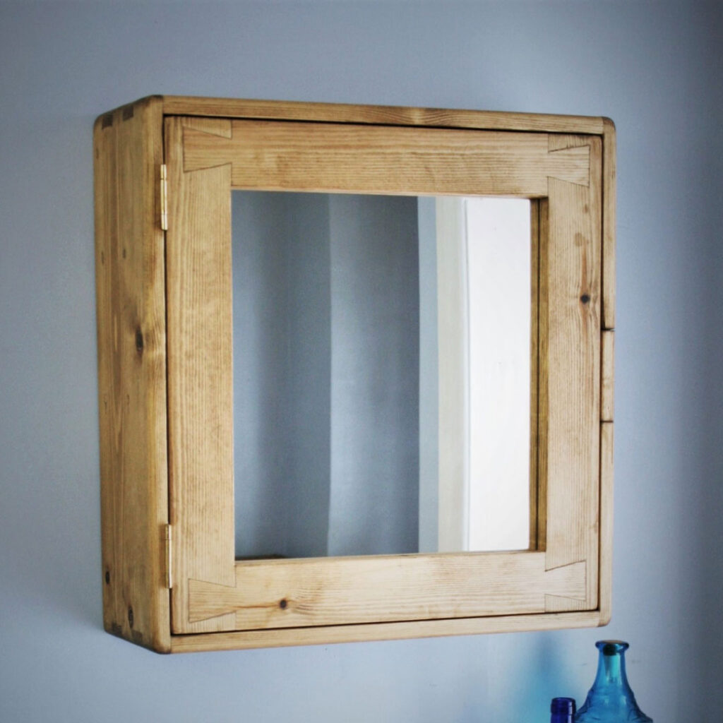 Large single mirror door wooden bathroom cabinet 56 x 54 x 18 cm, close up, handmade in Somerset U