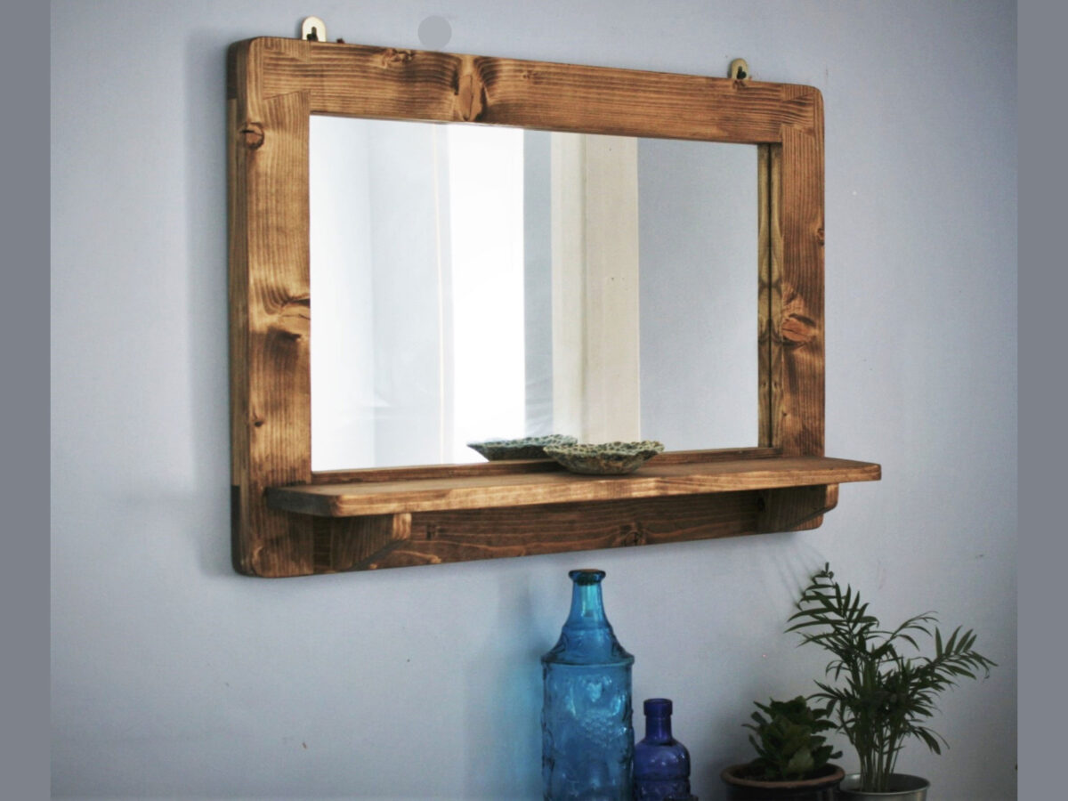 Wooden mirror with shelf 76 x 52 cm rustic natural wood
