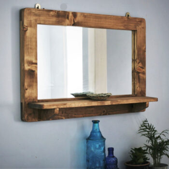 Wooden mirror with shelf, medium view