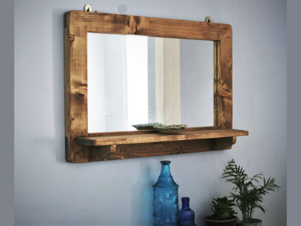 Wooden mirror with shelf, medium view
