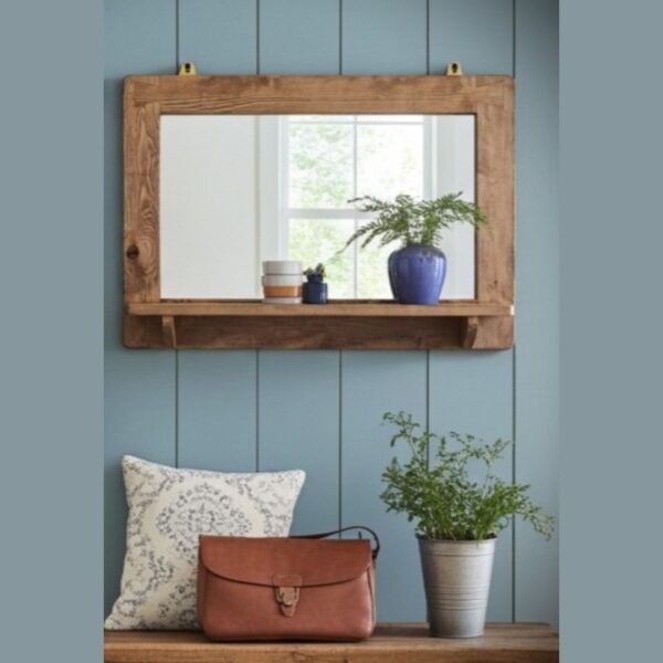 Large wooden mirror with shelf, chunky rustic wall mirror with candle shelf, custom handmade in Somerset UK -edited_1