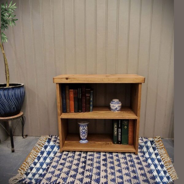 Small dark wooden bookshelf and low rustic bookcase in natural wood, cottage farmhouse shelving custom handmade in Somerset UK
