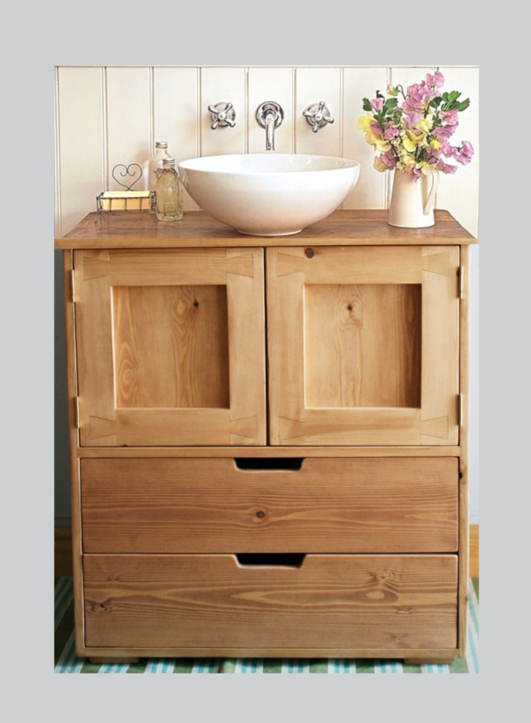 Sink stand with drawers in natural rustic wood for pretty cottage bathroom. Handmade in Somerset UK.