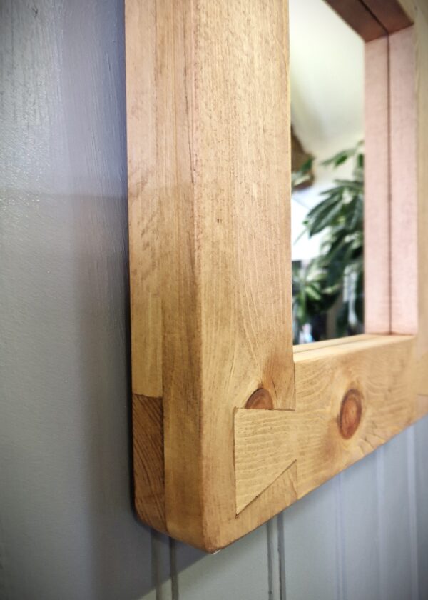 Small wooden mirror with decorative traditional dovetail joint, designed by Marc Wood in Somerset UK