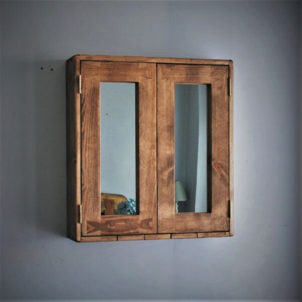 Wooden medicine cabinet with mirror doors in modern rustic dark wood custom handmade in Somerset UK