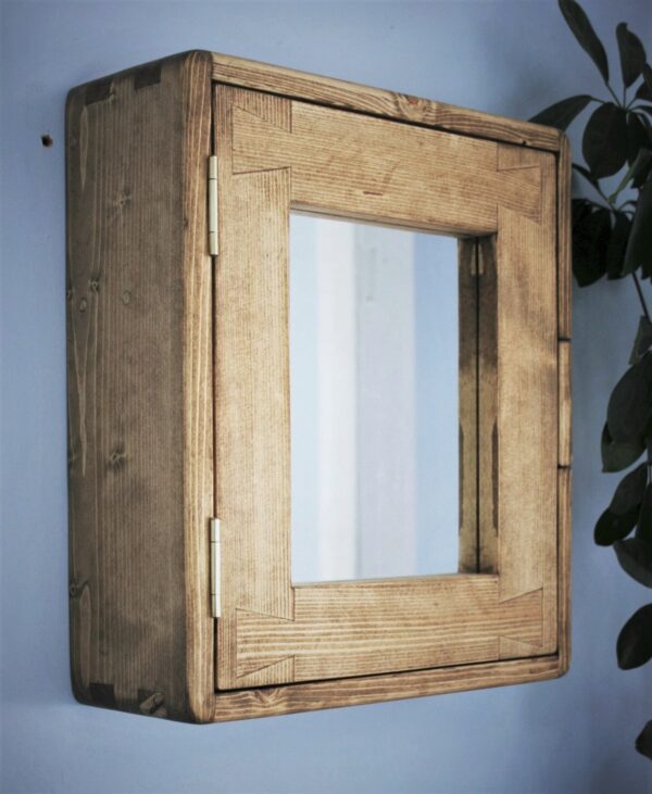 Small bathroom mirror cabinet with minimalist integrated handle. Handmade in Somerset UK in rustic cottage style.