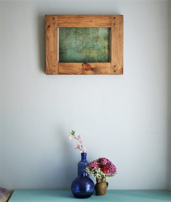 Long shot of 8 x 12 inch wooden frame in chunky natural wood,