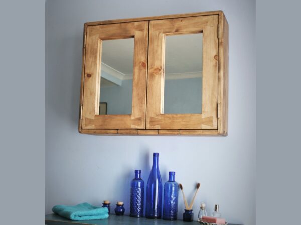 Large double mirror door wooden bathroom cabinet 56 x 70 x 18 cm as seen from below, handmade in Somerset UK