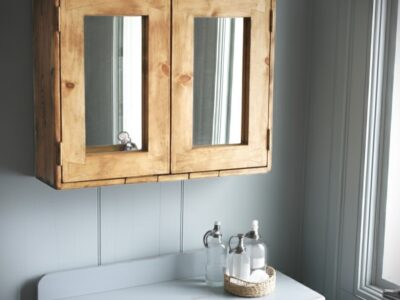 Wooden bathroom cabinet in rustic natural wood, over sink mirror cabinet custom handmade in Somerset UK -edited_1
