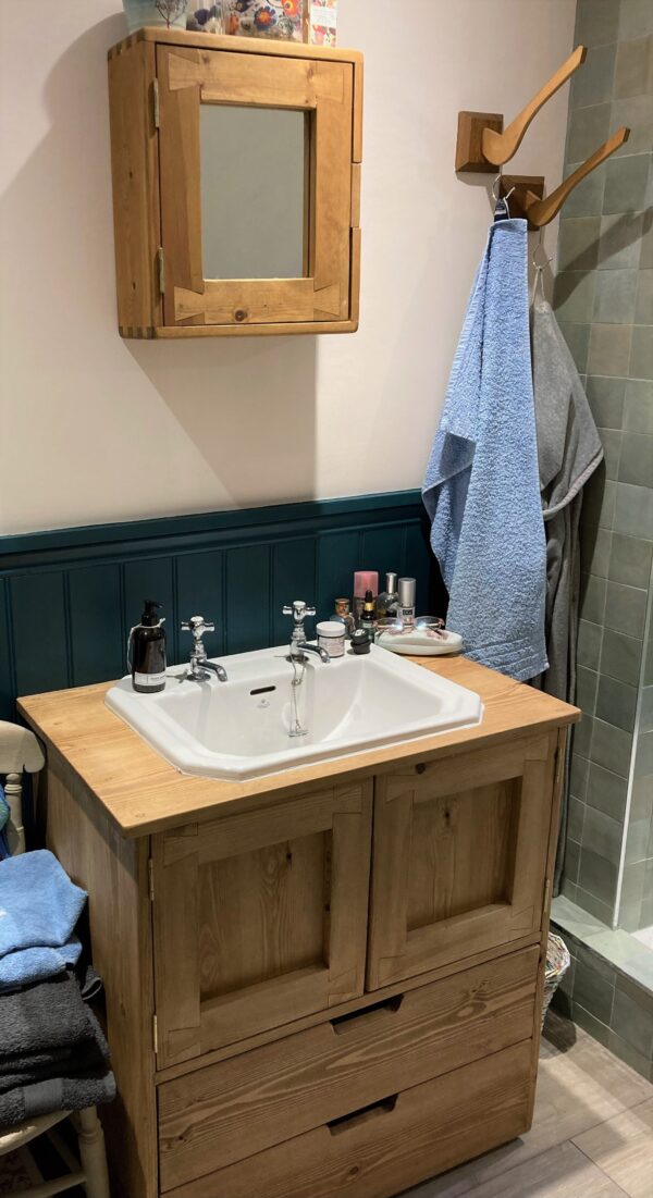 Sink stand with drawers in natural rustic wood for cottage bathroom inset sink, from Marc Wood Furniture in Somerset UK
