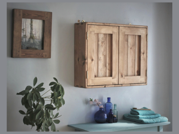 Large medicine cabinet with 2 wooden panel doors, handmade in rustic natural wood in Somerset UK