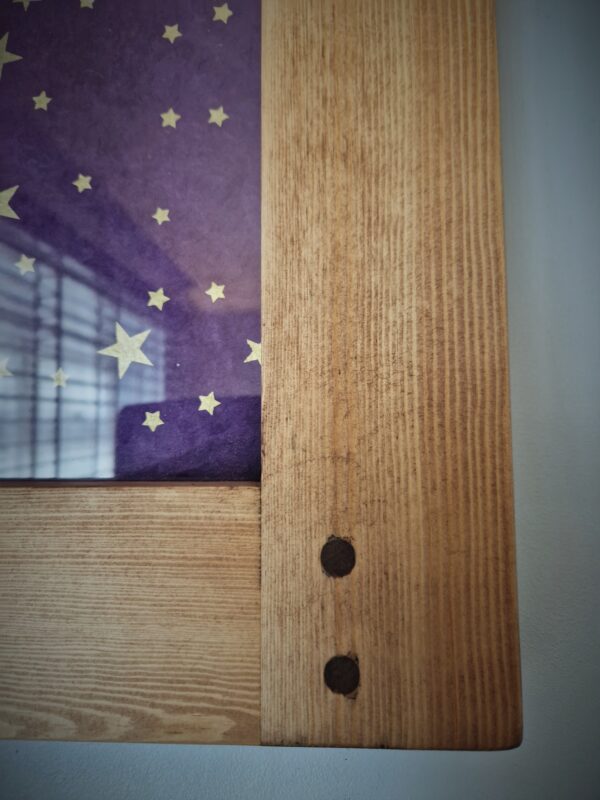 Wooden picture frame for 8 x 10 inch photo, with detail of the dowel joint. Bespoke handmade in Somerset UK.