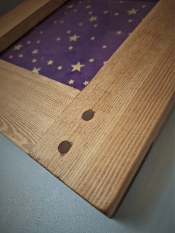 Wooden picture frame for 8 x 10 inch photo, with detail of the dowel joint corners. Bespoke handmade in Somerset UK.