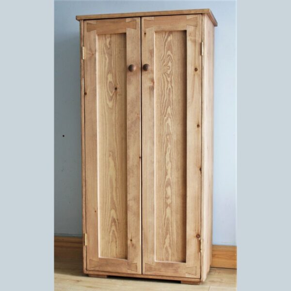 Rustic shoe storage cabinet with tall double doors in country pine wood, custom handmade in Somerset UK