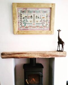 Bespoke large wooden rustic picture frame for embroidery display, custom handmade by Marc Wood Furniture in Somerset UK