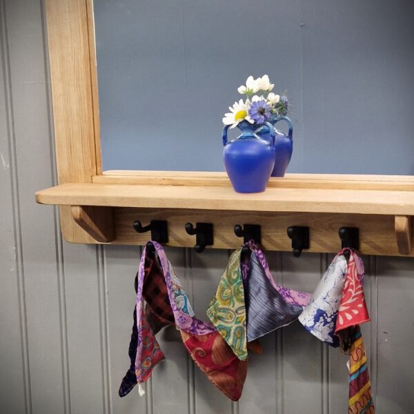 Large mirror with shelf and chunky iron hooks, boho cottage wooden coat rack mirror from Somerset UK