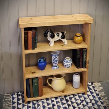 Slim wooden bookcase, rustic cottage mid height bookshelves with a chunky overhang top, custom handmade in Somerset UK