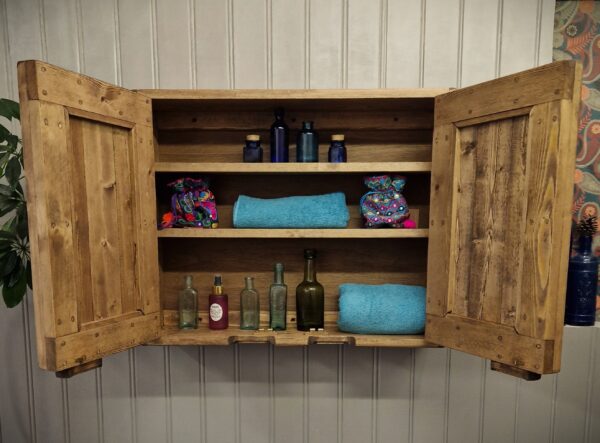 Dark wood bathroom cabinet, bohemian rustic over sink double medicine cabinet handmade in Somerset UK