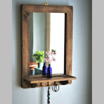 Wooden mirror with shelf and hooks handmade in Somerset UK with 3 vintage rustic jewellery hanger hooks for bedroom styling.