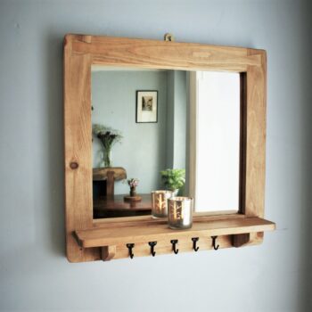 Mirror with shelf and hooks, minimalist rustic wooden bathroom and hallway mirror handmade in Somerset UK