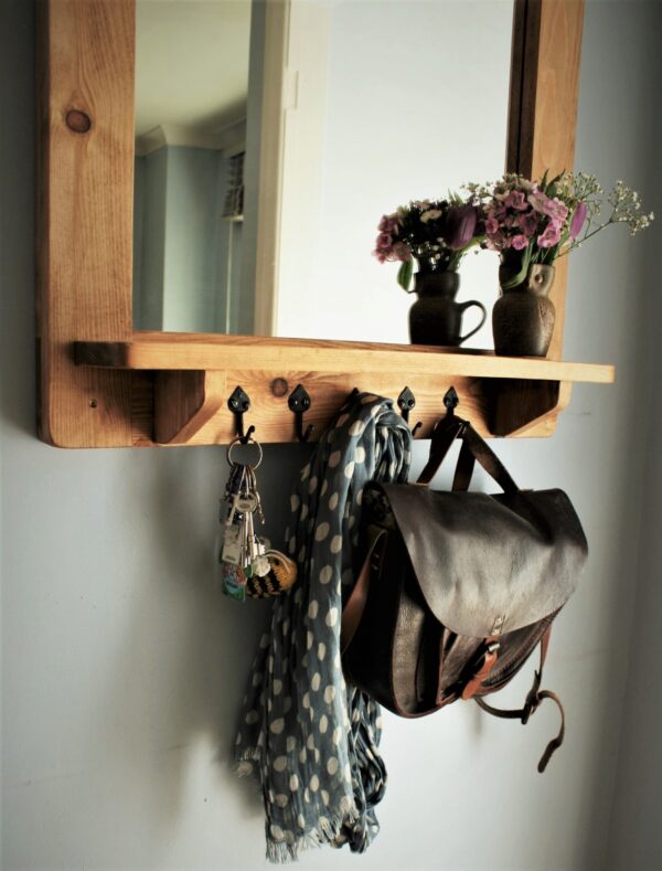 Mirror with shelf and hooks, minimalist rustic. Low view. Handmade in Somerset UK