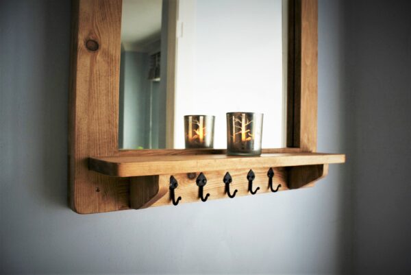 Mirror with shelf and hooks, minimalist rustic. Low candle view. Handmade in Somerset UK