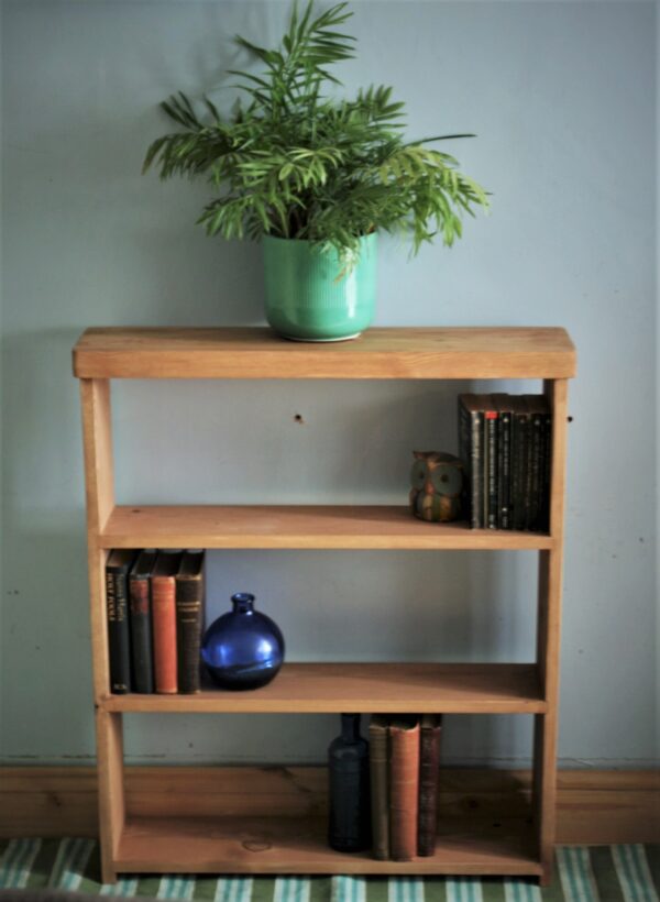 Slim wooden bookshelves and shallow bookcase in natural wood. Custom made in Somerset UK.