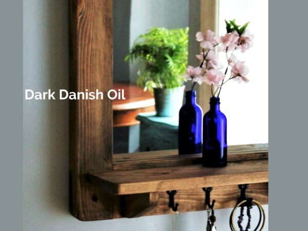 Mirror with shelf and hooks 60 x 60 cm square, cast iron coat key hooks in a dark finish.