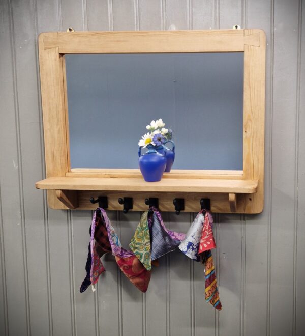 Large mirror with shelf and chunky iron hooks, rustic farmhouse hallway coat rack from Somerset UK