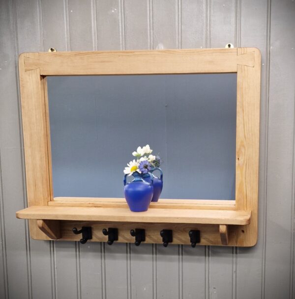 Large mirror with shelf and chunky iron hooks, country home wooden coat rack mirror from Somerset UK