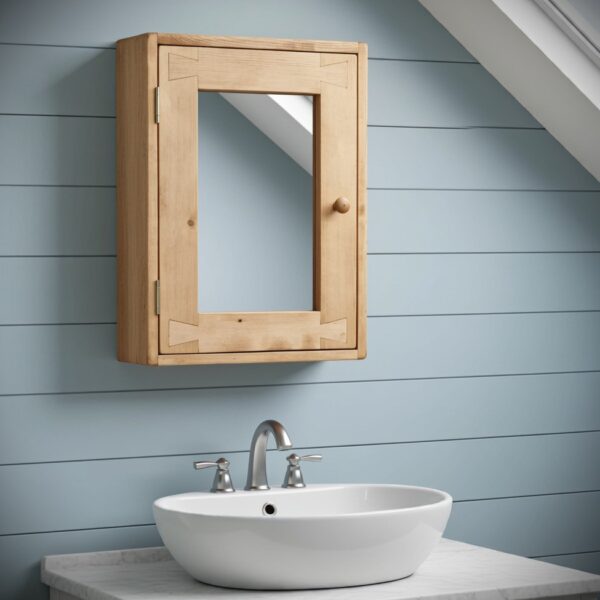 Slim bathroom mirror cabinet in rustic natural wood, minimalist wall cabinet, bespoke handmade in Somerset UK -edited_1