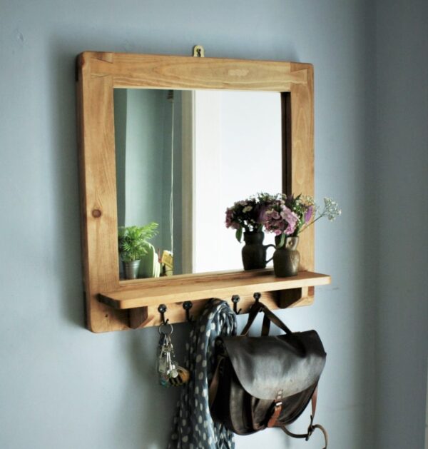 Mirror with shelf and hooks, minimalist rustic wooden bathroom and hallway mirror handmade in Somerset UK. Bag view.
