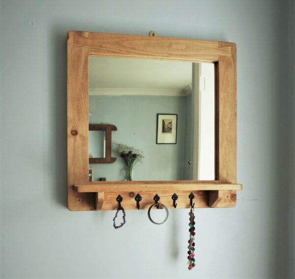 Mirror with shelf and hooks, minimalist rustic wooden bathroom and hallway mirror handmade in Somerset UK. Jewellery hanger.
