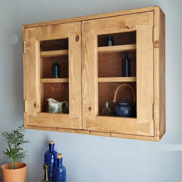 Glazed kitchen display cabinet- modern rustic cottage style double glass door wooden cabinet from Somerset UK