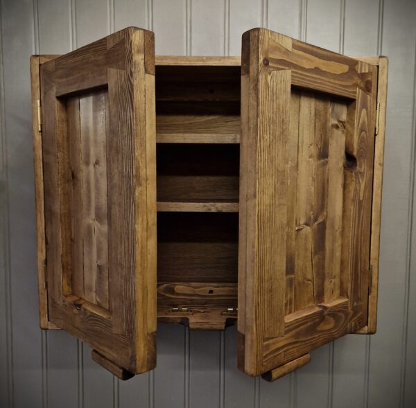 Kitchen cabinet in dark wood with chunky double doors, large modern rustic wall cupboard handmade in Somerset UK