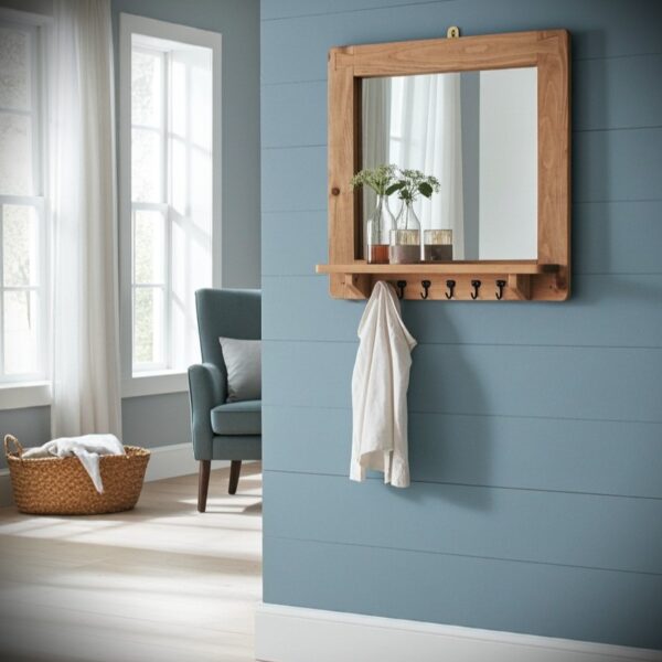 Mirror shelf and hooks in natural wood, designed and custom handmade in Somerset UK in our modern rustic cottage style -edited_1