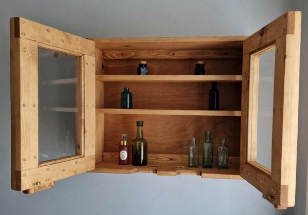Glazed kitchen display cabinet- inside of our modern rustic wooden cabinet from Somerset UK