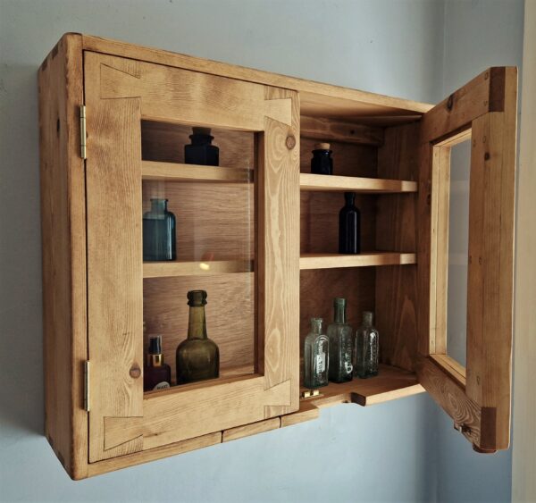 Glazed kitchen display double cabinet- inside view of our modern rustic wooden cabinet from Somerset UK
