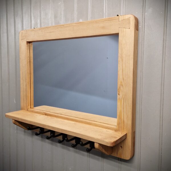 Large mirror with shelf and chunky iron hooks, modern rustic wooden coat rack from Somerset UK
