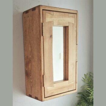 Slim bathroom mirror cabinet in natural rustic wood. Handmade in UK, side view.