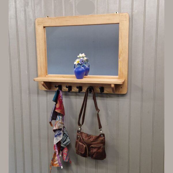 Large mirror with shelf and chunky iron hooks, custom bespoke industrial rustic hallway coat rack from Somerset UK
