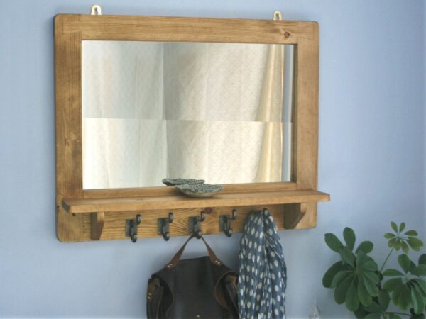Large mirror with shelf and chunky iron hooks in our modern rustic style. Custom made in Somerset UK.