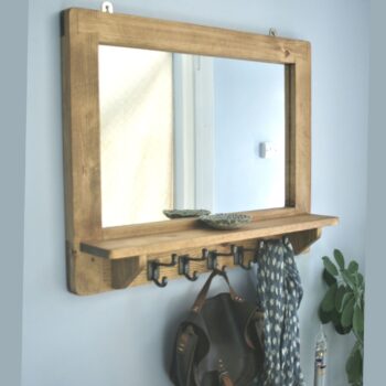 Large mirror with shelf and chunky iron hooks in our modern rustic style. Hallway styling mirror from Somerset UK.