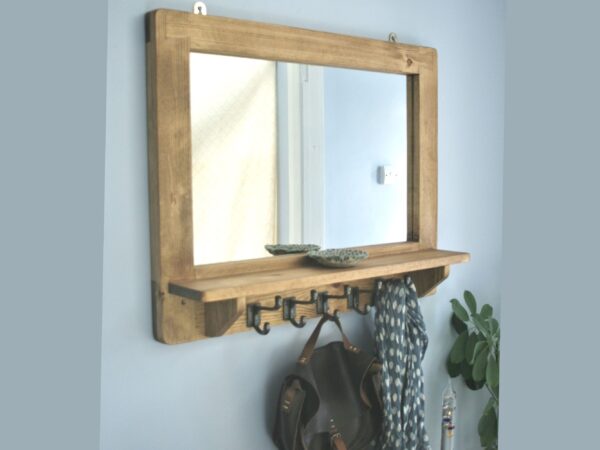 Large mirror with shelf and chunky iron hooks in our modern rustic style. Hallway styling mirror from Somerset UK.