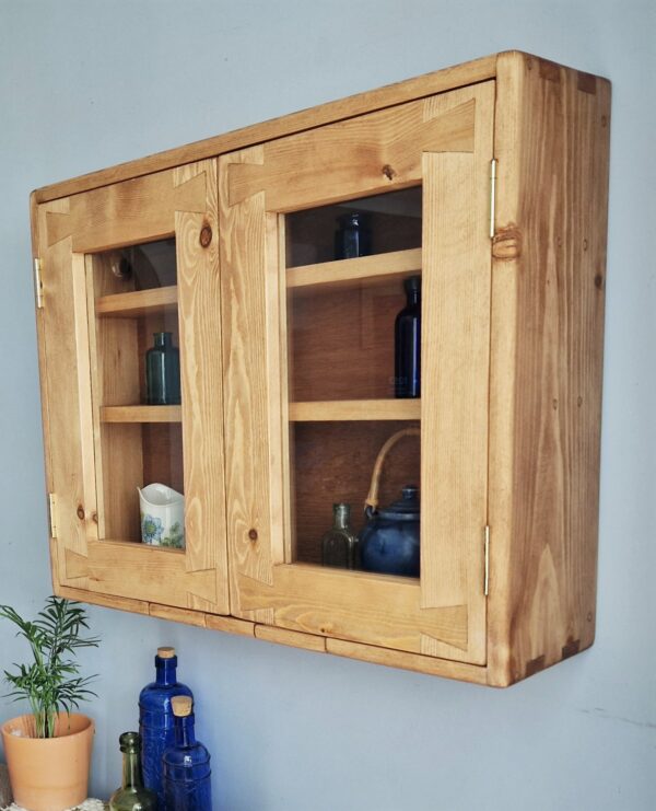 Rustic kitchen glass cabinet, curio display wooden wall cabinet, handmade in Somerset UK.