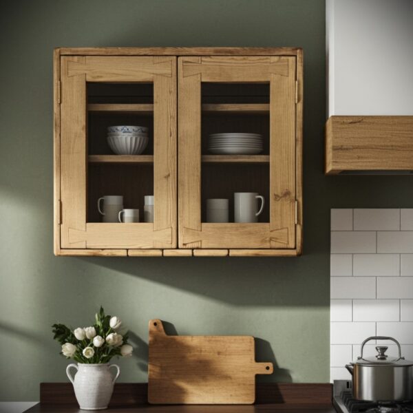 Glazed kitchen display cabinet, large display wall cabinet with glass doors in light wood, custom handmade in Somerset UK -edited_1