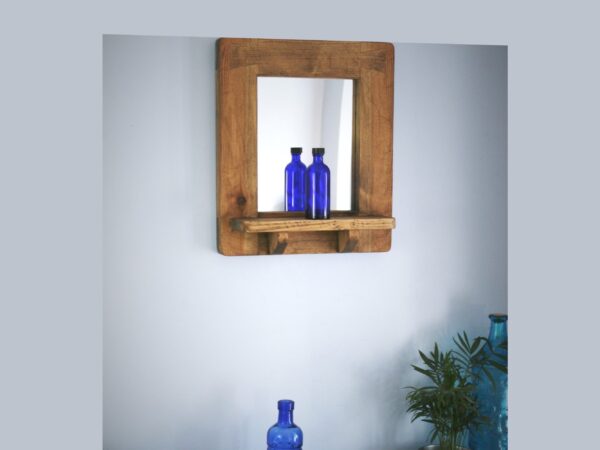small wooden bathroom mirror with shelf, rustic vintage style from Somerset UK